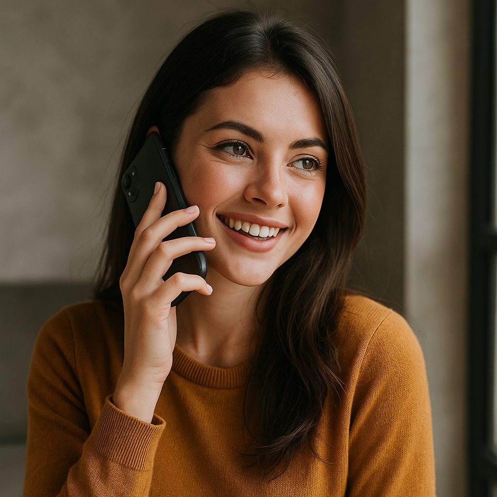 Chico y chica en videollamada usando LlamameTu en un iPhone