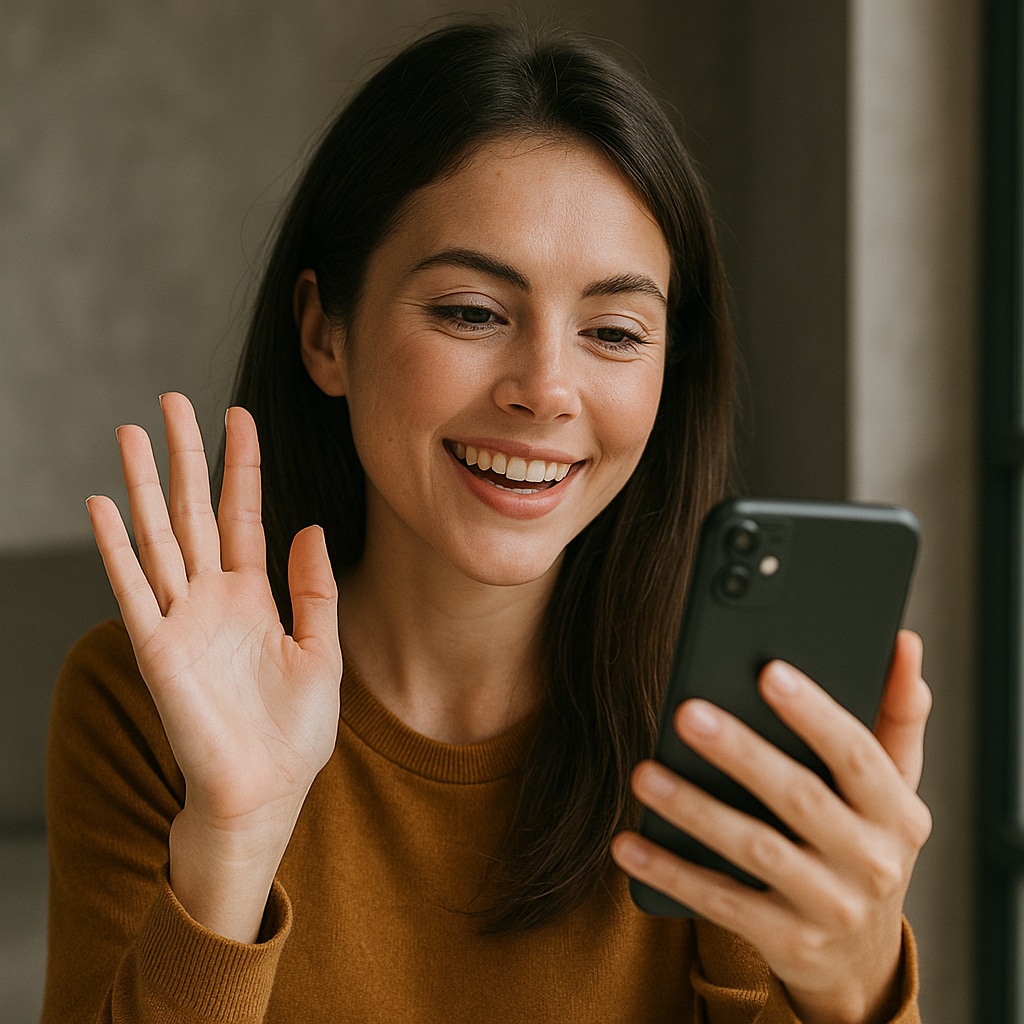 Dos chicas sonrientes en videollamada con la app LlamameTu