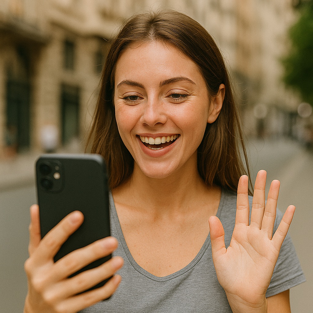 Chica hablando por teléfono con la app LlamameTu en su móvil